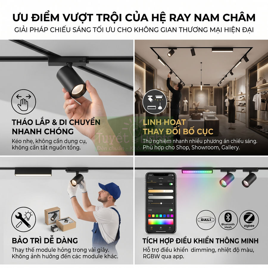 Hệ ray nam châm đèn rọi LED cho shop thời trang, dễ tháo lắp, linh hoạt bố cục và điều khiển thông minh bằng điện thoại
