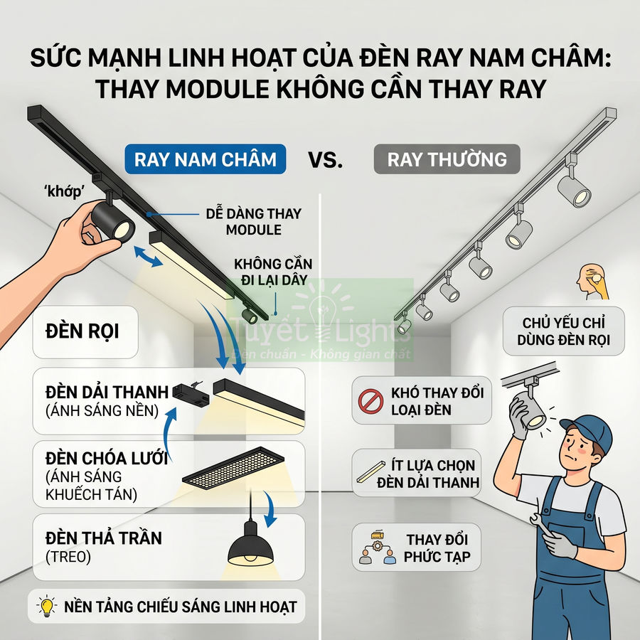 So sánh đèn ray nam châm đa dạng module chiếu sáng với đèn ray thường chỉ dùng đèn rọi, thay đổi loại đèn khó khăn