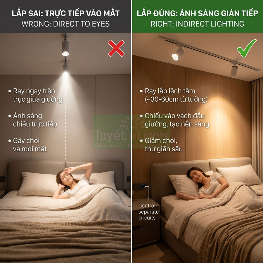 Đèn rọi ray phòng ngủ lắp đúng chiếu gián tiếp vào tường đầu giường giúp giảm chói, tạo ánh sáng thư giãn