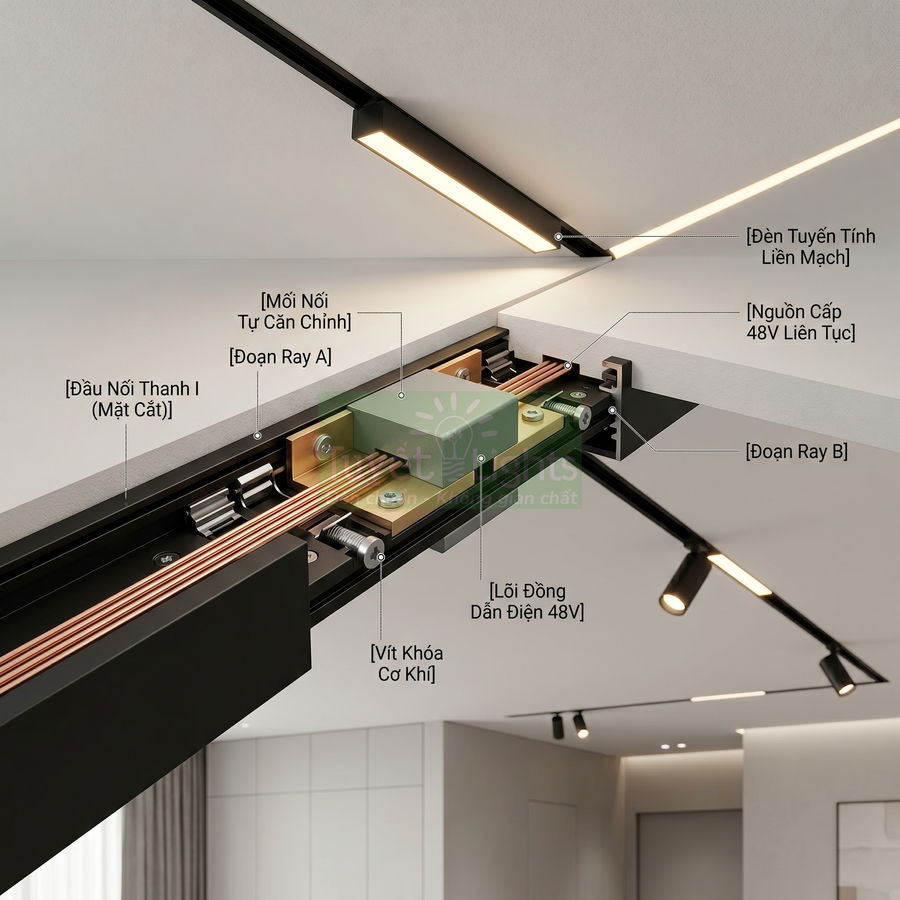 Cấu tạo chi tiết hệ ray nam châm âm trần 48V cho đèn LED chiếu sáng hiện đại trong phòng khách