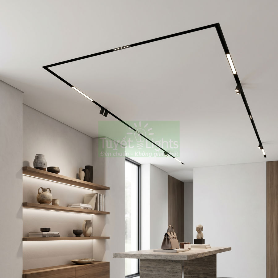 Đèn ray nam châm âm trần Tuyết Lights lắp đặt trong phòng khách hiện đại, ánh sáng chiếu dọc trần nhà