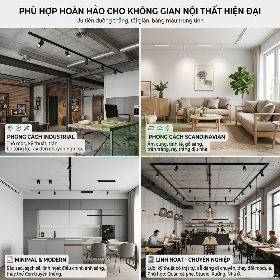 Các mẫu đèn ray chiếu sáng trần cho không gian nội thất hiện đại phong cách industrial, Scandinavian, tối giản, văn phòng