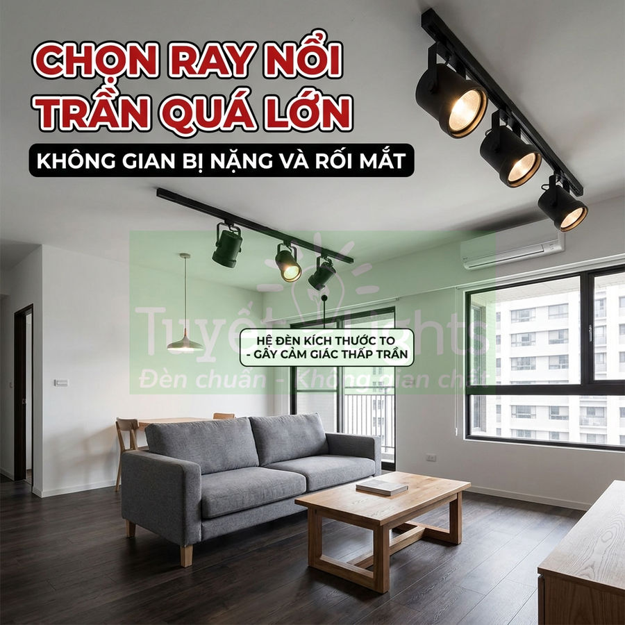 Đèn ray nổi trần kích thước lớn lắp trong phòng khách chung cư với sofa xám và bàn gỗ
