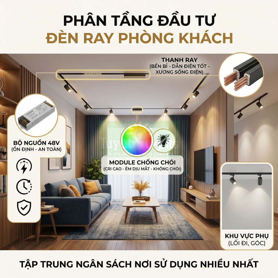 Đèn ray chiếu sáng phòng khách hiện đại với bộ nguồn 48V và module chống chói lắp trên trần