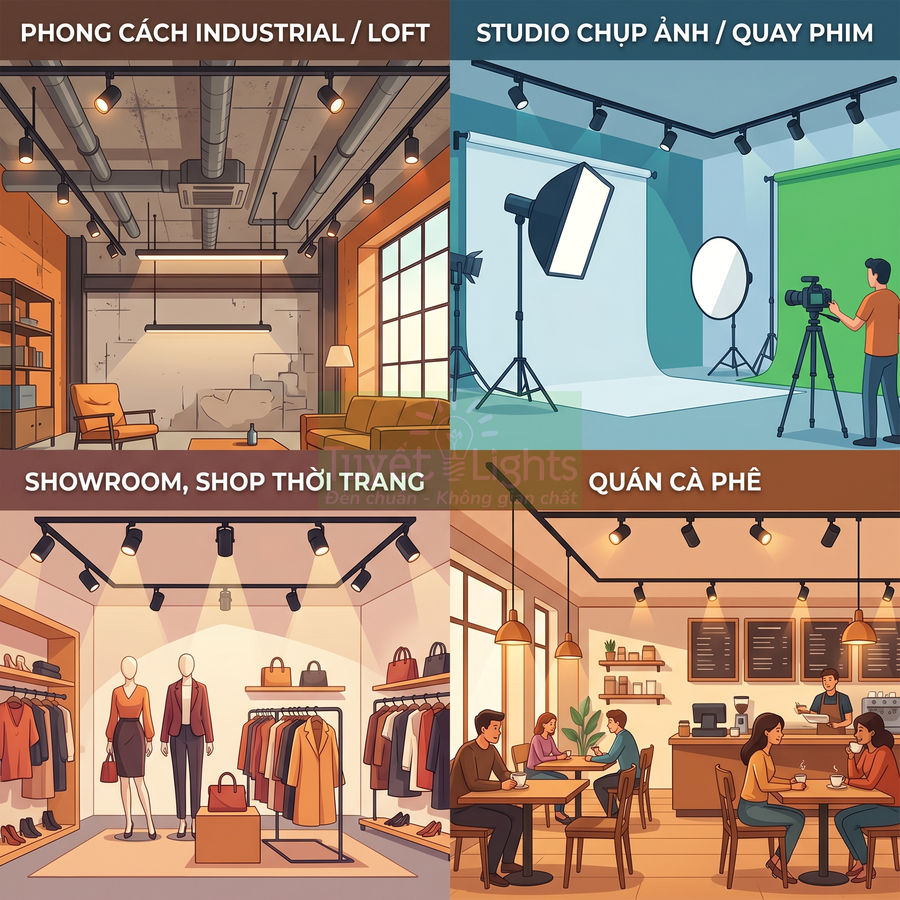 Ứng dụng đèn rọi ray cho phong cách industrial, studio chụp ảnh, showroom thời trang và quán cà phê