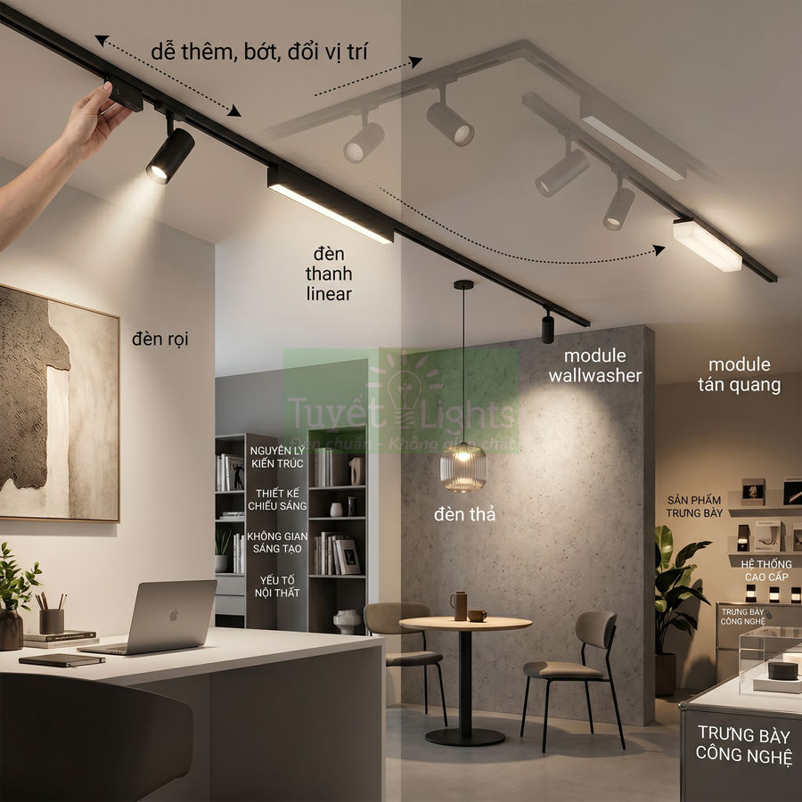Hệ thống đèn ray Tuyết Lights với đèn rọi, đèn thanh linear và đèn thả trong không gian làm việc hiện đại