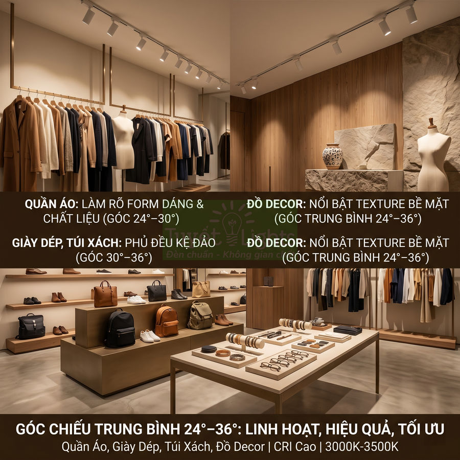 Cửa hàng thời trang cao cấp với quần áo, giày dép, túi xách và phụ kiện trưng bày dưới hệ thống đèn rọi ray hiện đại
