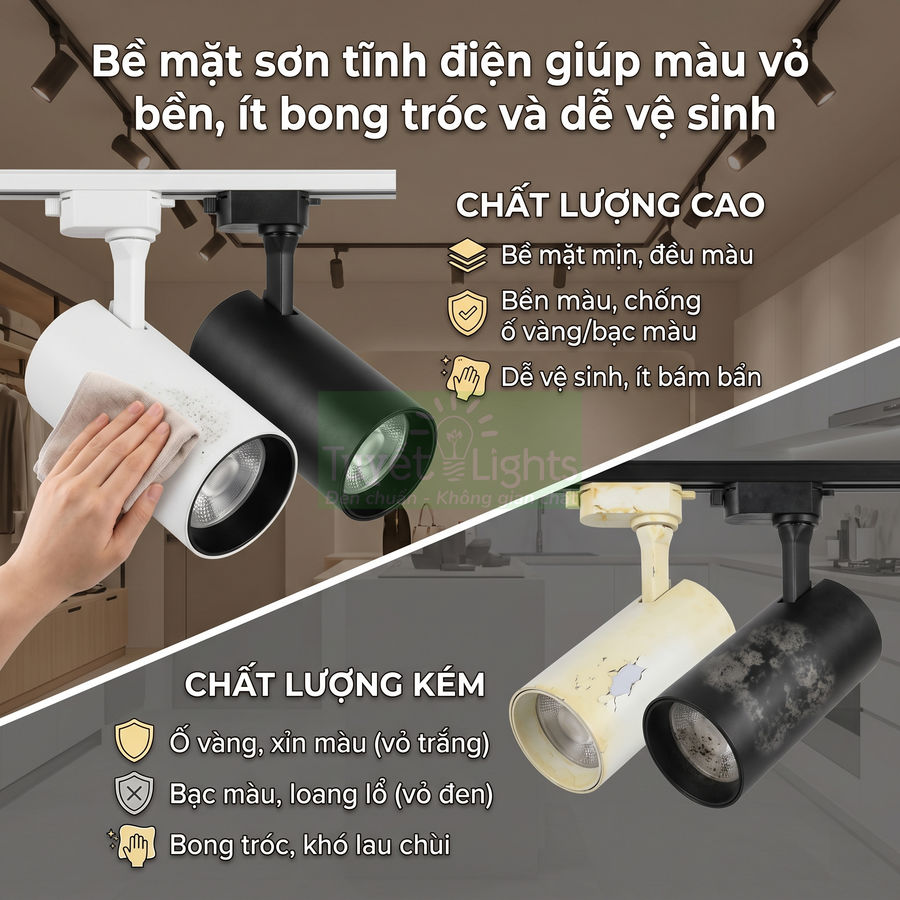 So sánh đèn rọi ray sơn tĩnh điện trắng đen bền màu dễ vệ sinh với đèn kém chất lượng bong tróc ố vàng