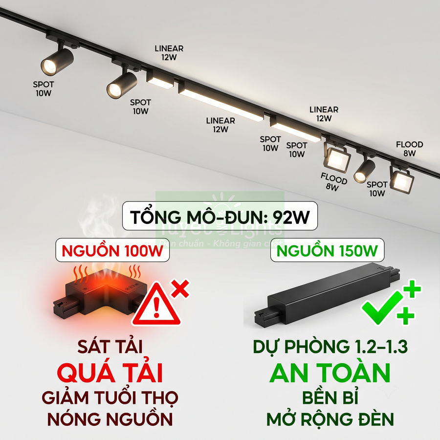 Hệ thống đèn ray nam châm spot linear flood 92W so sánh nguồn 100W quá tải và nguồn 150W an toàn