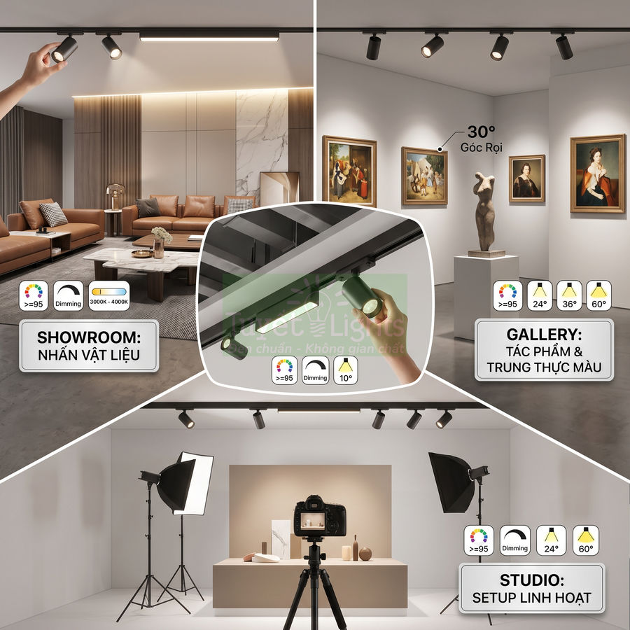 Đèn rọi ray LED CRI cao chiếu sáng showroom, gallery và studio với góc chiếu linh hoạt và dimmer