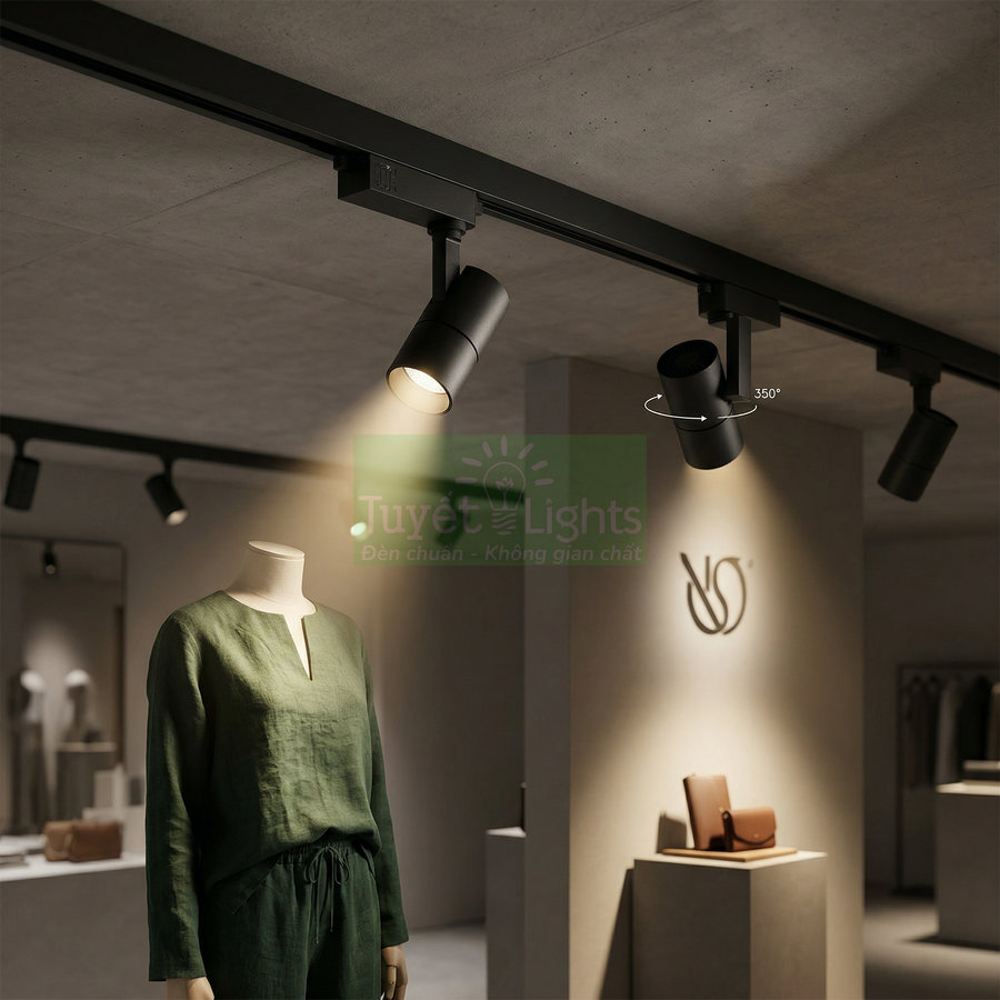 Đèn rọi ray đen chiếu sáng ma nơ canh và sản phẩm trưng bày trong cửa hàng thời trang