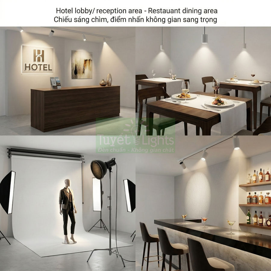 Đèn rọi ray Tuyết Lights chiếu sáng quầy lễ tân khách sạn, nhà hàng, studio và quầy bar hiện đại