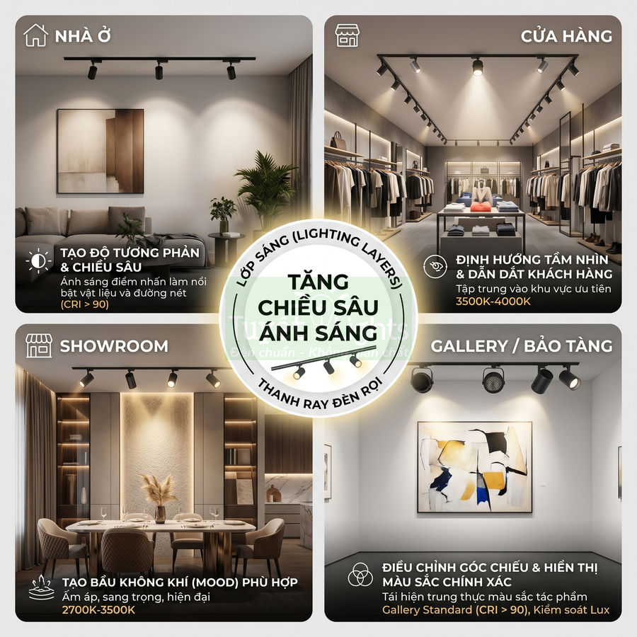 Thanh ray đèn rọi LED chiếu sáng nhà ở, cửa hàng, showroom và gallery tạo chiều sâu và nhấn nội thất
