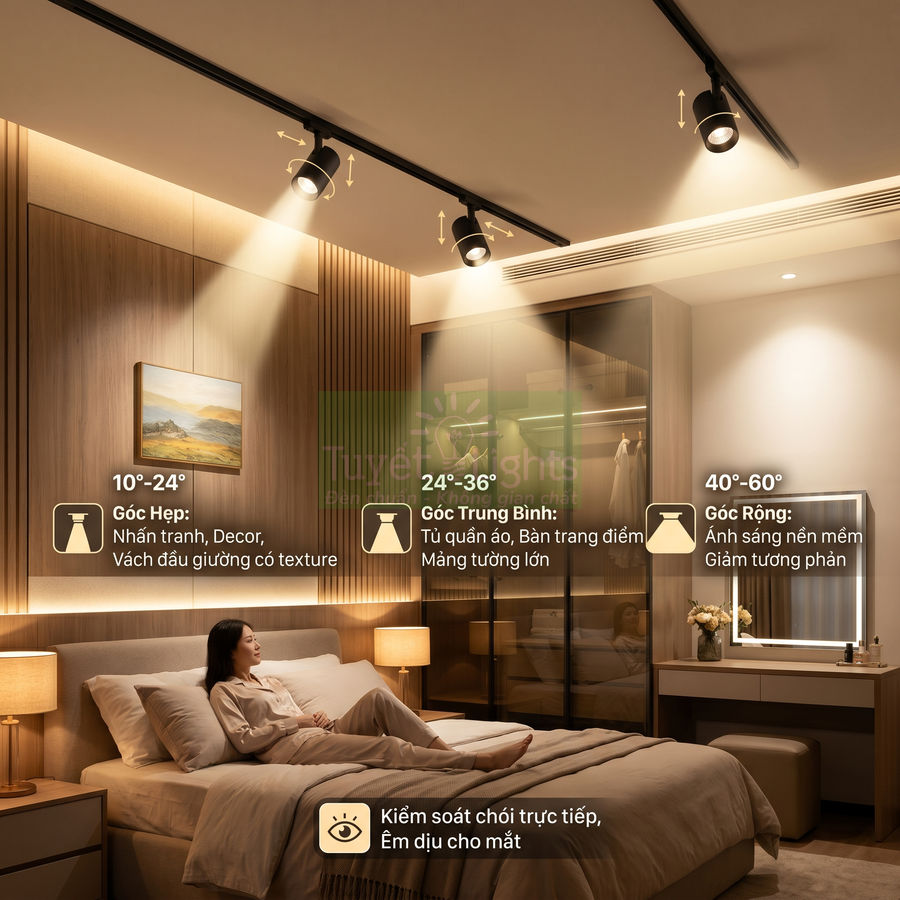Đèn rọi ray LED chiếu sáng phòng ngủ hiện đại với các góc chiếu hẹp trung bình rộng khác nhau