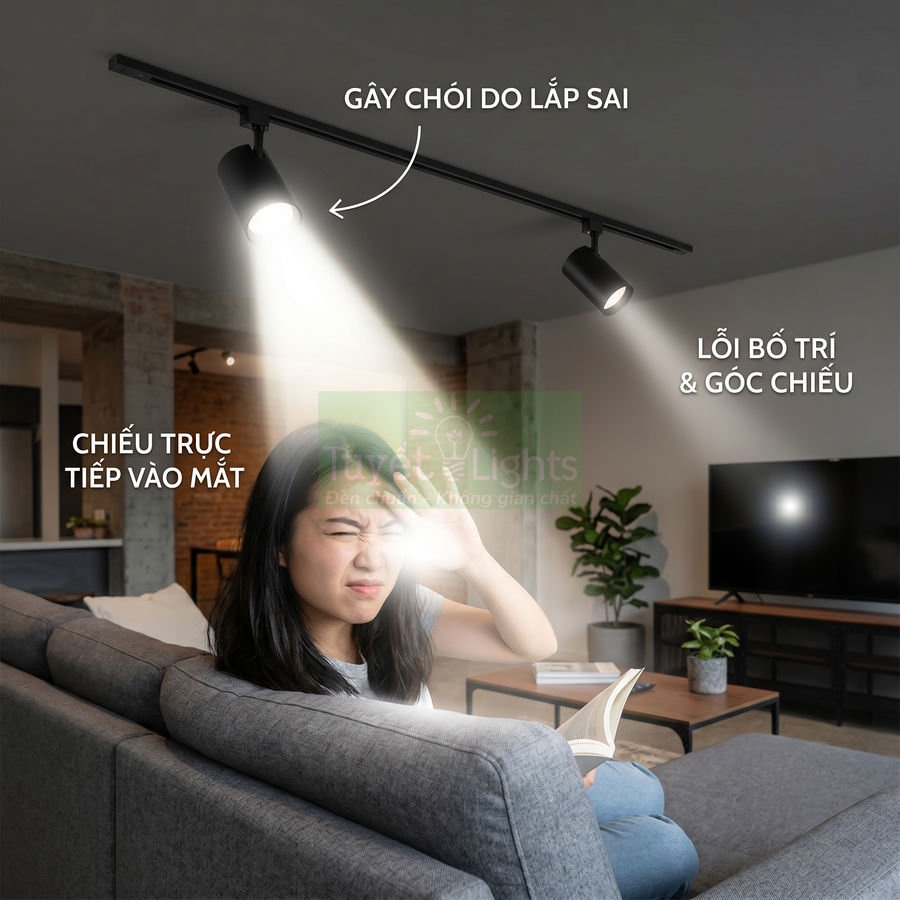 Đèn rọi ray lắp sai chiếu thẳng vào mắt cô gái ngồi sofa gây chói trong phòng khách
