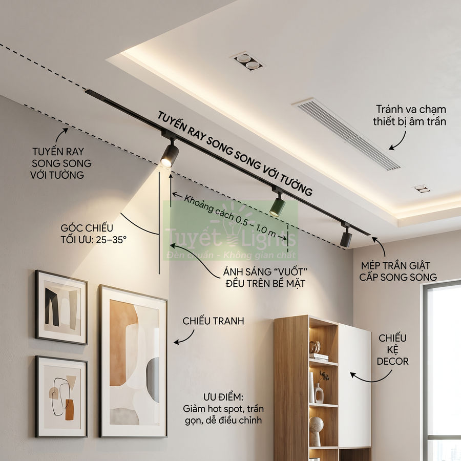 Đèn rọi ray Tuyết Lights chiếu tranh và kệ decor trong phòng khách hiện đại trần giật cấp