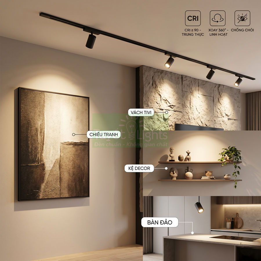 Đèn rọi ray LED chiếu tranh và chiếu sáng vách tivi, kệ decor, bàn đảo trong phòng bếp hiện đại