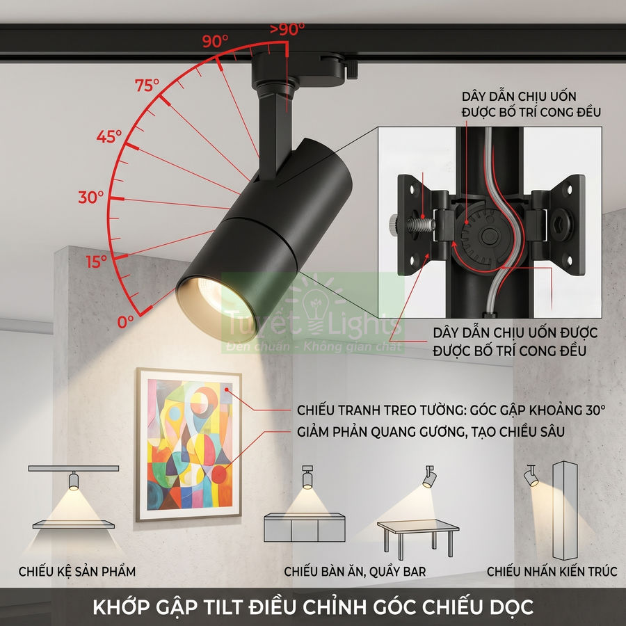 Đèn rọi ray LED màu đen khớp gập tilt điều chỉnh góc chiếu dọc chiếu sáng tranh treo tường và nội thất