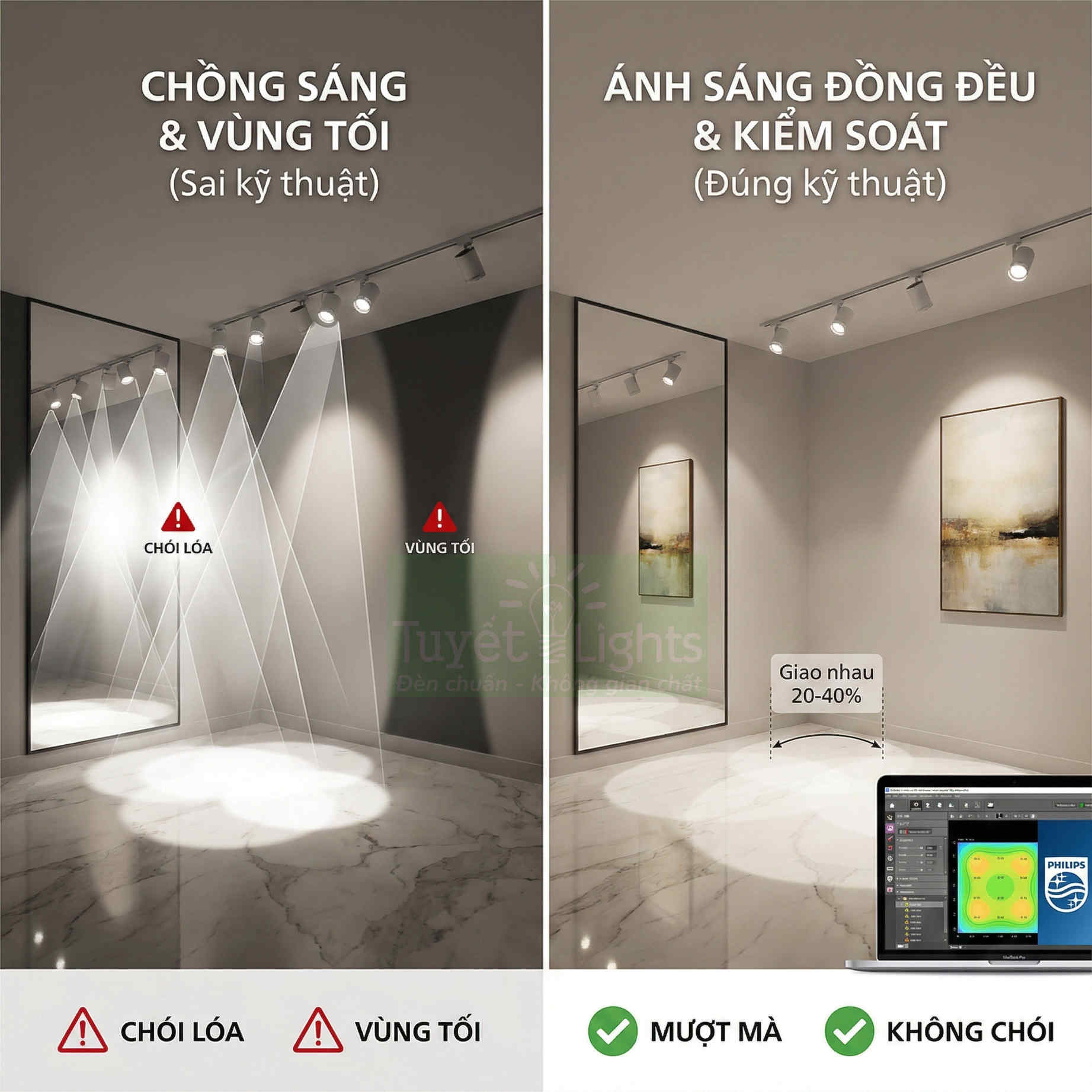 So sánh đèn rọi ray Philips lắp sai gây chói lóa với lắp đúng cho ánh sáng đồng đều, không chói