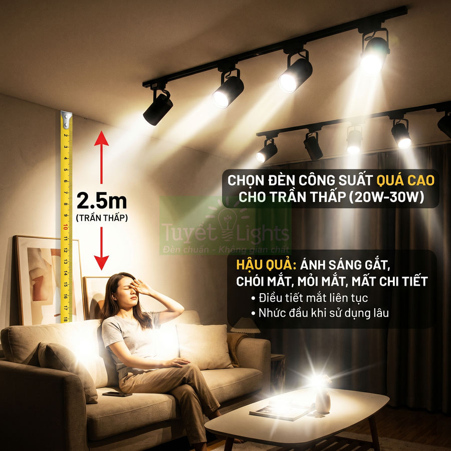 Đèn rọi ray công suất cao chiếu sáng gắt xuống sofa khiến người phụ nữ khó chịu trong phòng trần thấp