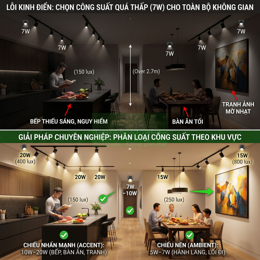 So sánh bố trí đèn rọi ray công suất thấp và cao cho bếp và bàn ăn trong căn hộ hiện đại