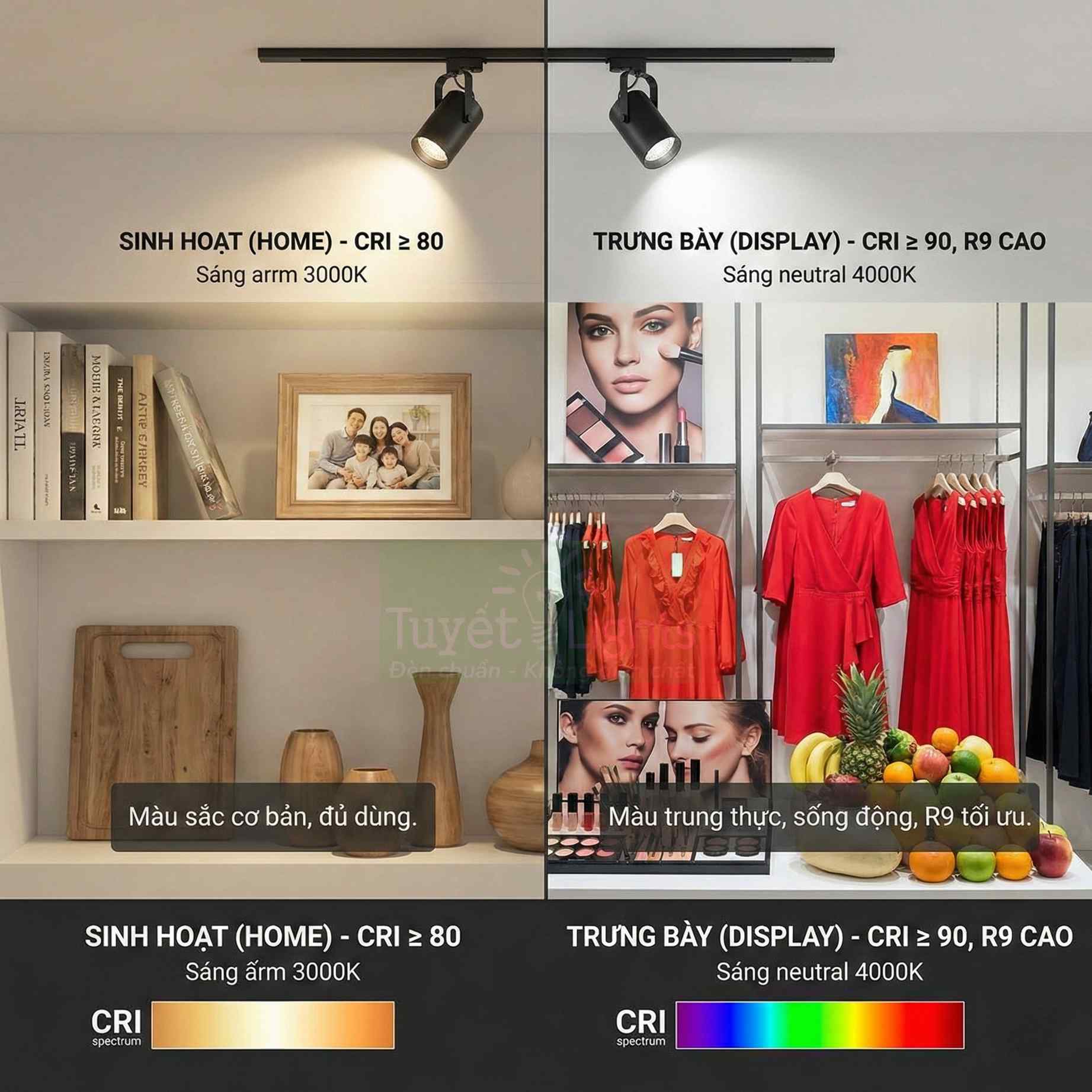 Đèn rọi ray LED so sánh ánh sáng CRI 80 cho gia đình và CRI 90 cho trưng bày quần áo, mỹ phẩm, trái cây