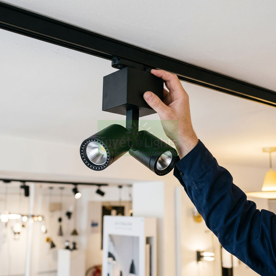 Lắp đặt đèn rọi ray LED màu đen hai bóng trên trần nhà trong showroom chiếu sáng