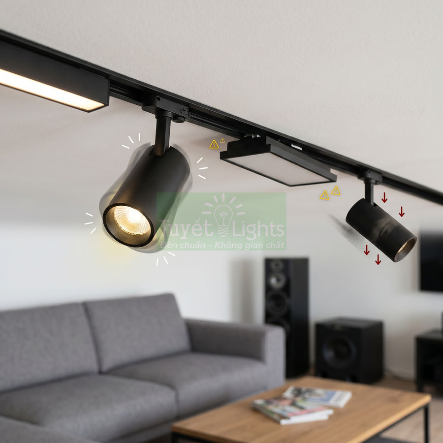 Đèn rọi ray đen chiếu sáng phòng khách hiện đại với sofa xám và bàn trà gỗ
