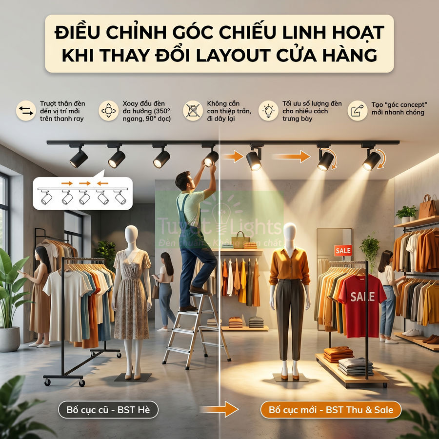 Đèn rọi ray điều chỉnh góc chiếu linh hoạt chiếu sáng quần áo trưng bày trong cửa hàng thời trang
