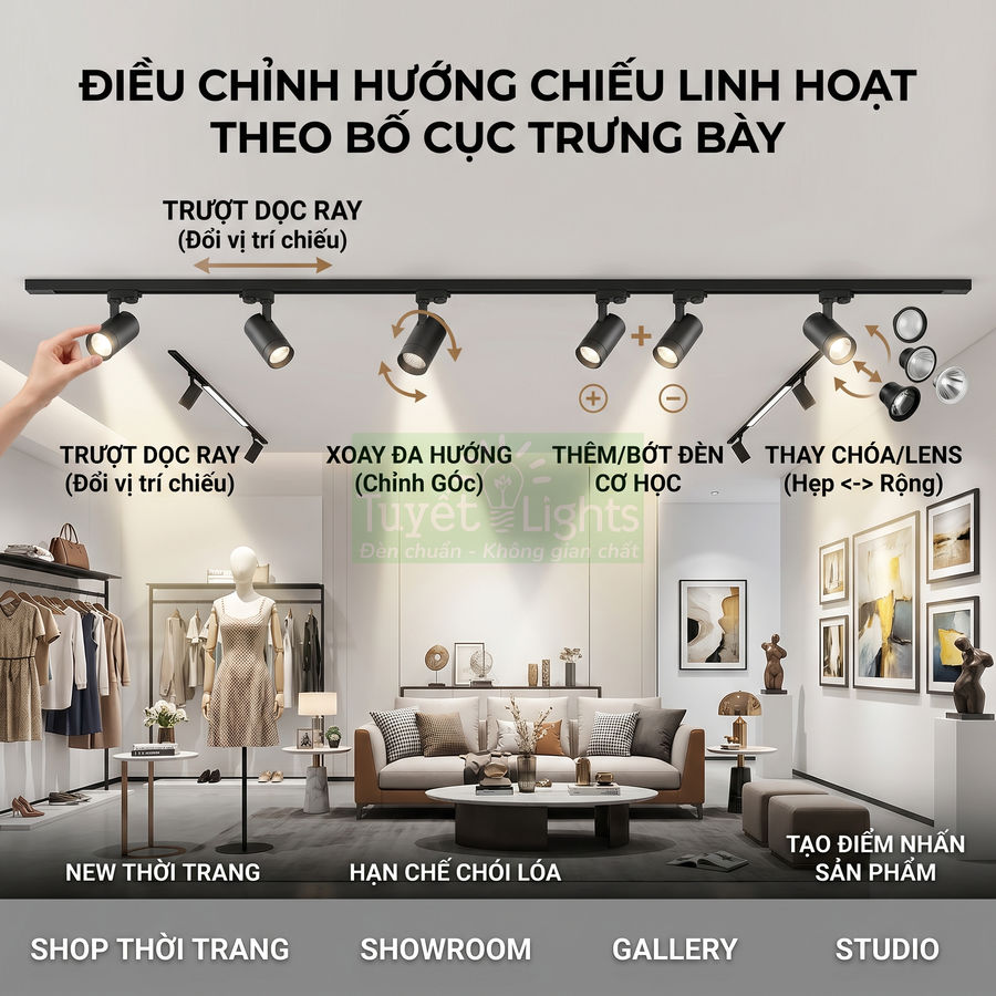 Đèn rọi ray đen điều chỉnh linh hoạt chiếu sáng phòng khách và shop thời trang hiện đại