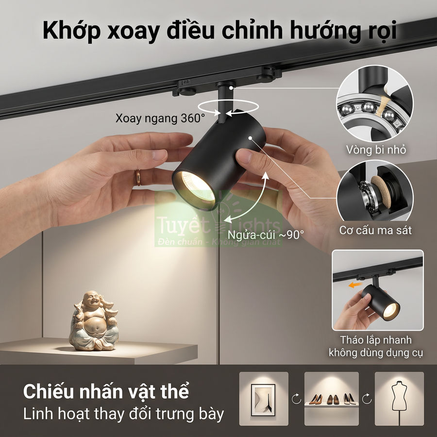 Đèn rọi ray đen điều chỉnh xoay 360 độ chiếu sáng tượng trang trí trên kệ trưng bày