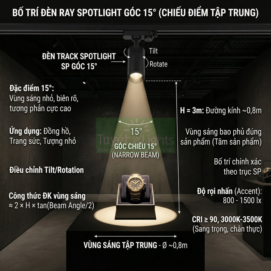 Đèn ray spotlight góc 15 độ chiếu tập trung làm nổi bật chiếc đồng hồ trưng bày trên bục đen