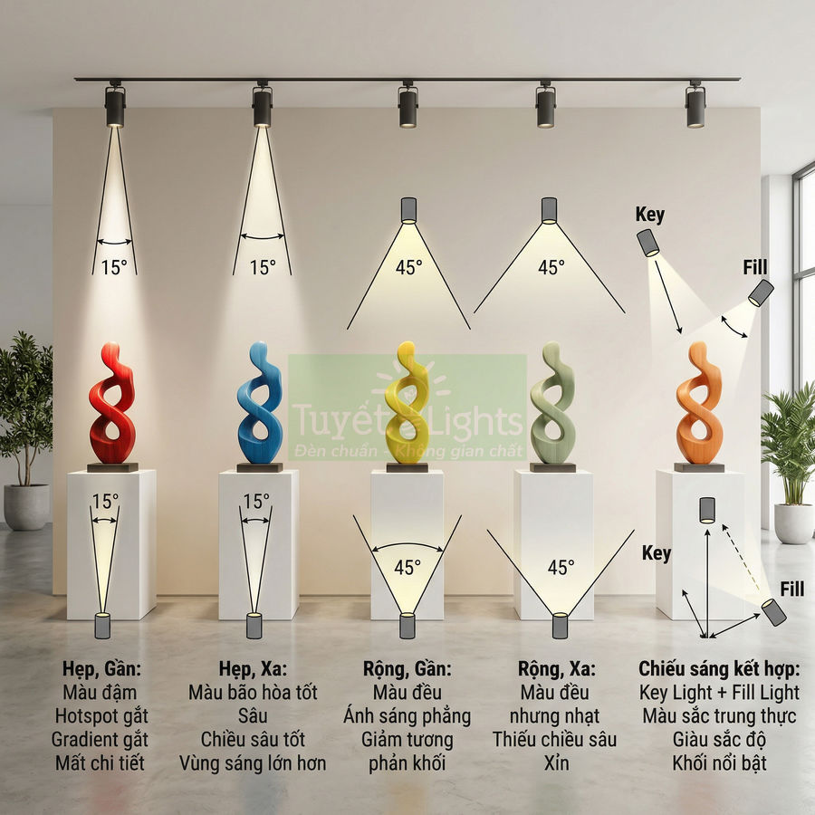 Đèn rọi ray Tuyết Lights chiếu sáng tượng trang trí nhiều màu với các góc chiếu khác nhau trong phòng khách hiện đại