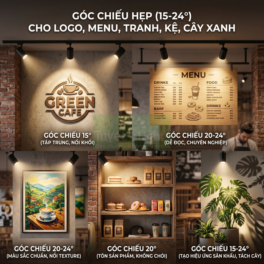 Đèn rọi ray góc chiếu hẹp chiếu sáng logo Green Cafe, menu, tranh, kệ bánh và cây xanh trong quán cà phê