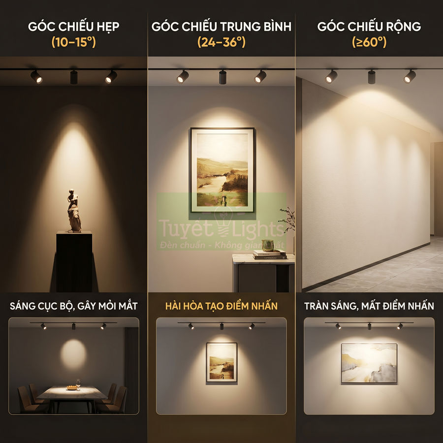 Đèn rọi ray Tuyết Lights với ba góc chiếu hẹp, trung bình, rộng tạo hiệu ứng sáng khác nhau trong phòng