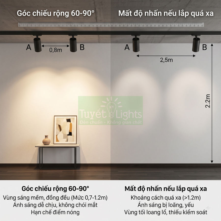 Đèn rọi ray Tuyết Lights chiếu tranh tường, so sánh góc chiếu rộng và lắp đặt quá xa