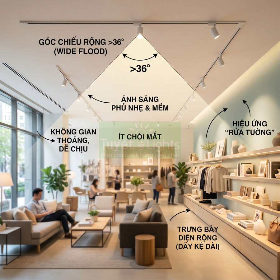Đèn rọi ray góc chiếu rộng chiếu sáng mềm cho không gian showroom nội thất hiện đại, ít chói mắt