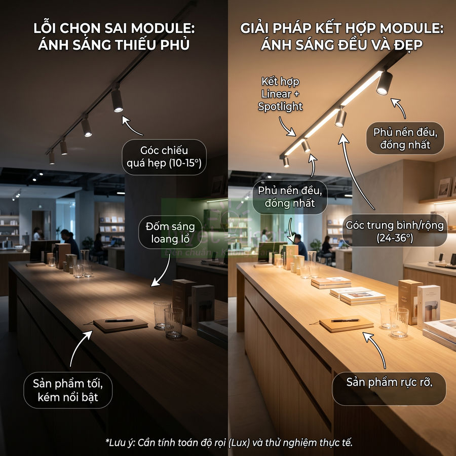 Bàn trưng bày sản phẩm với hệ thống đèn rọi ray module, so sánh ánh sáng thiếu phủ và ánh sáng đều rực rỡ