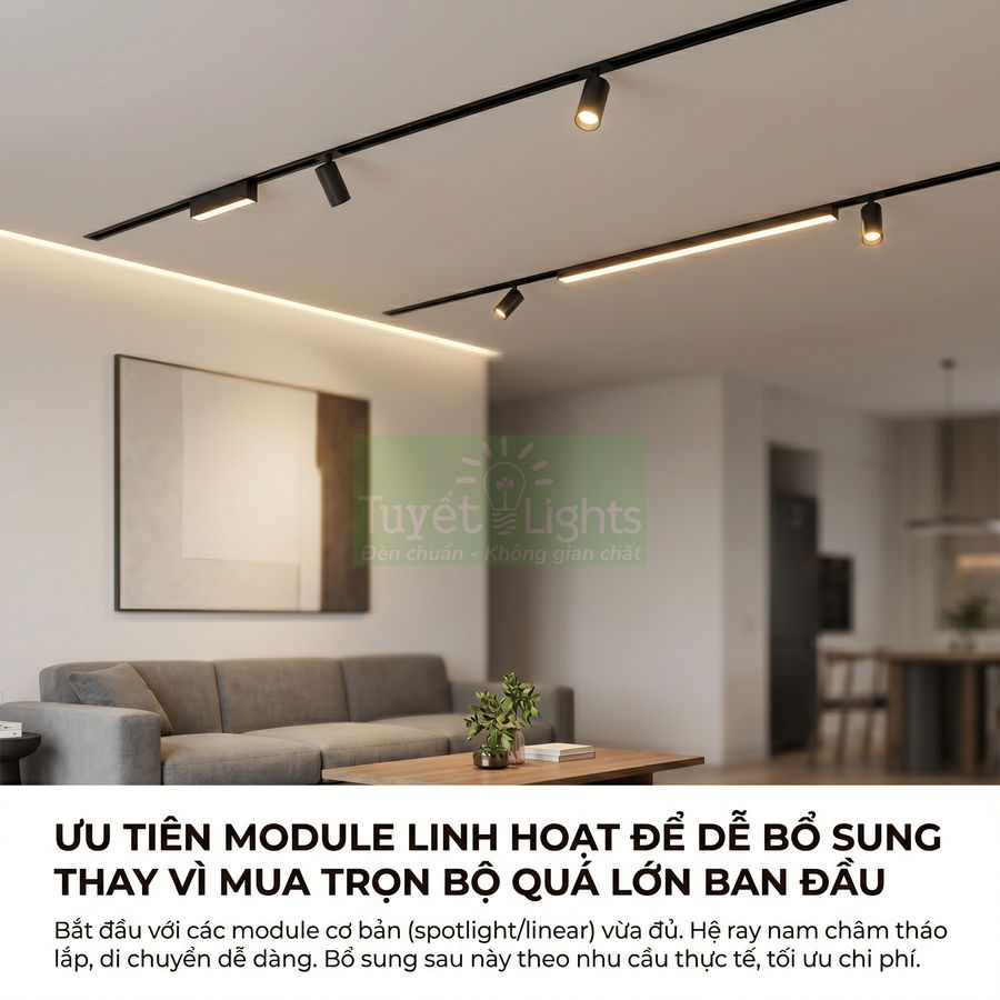 Đèn ray nam châm Tuyết Lights chiếu sáng phòng khách hiện đại với sofa xám và bàn gỗ