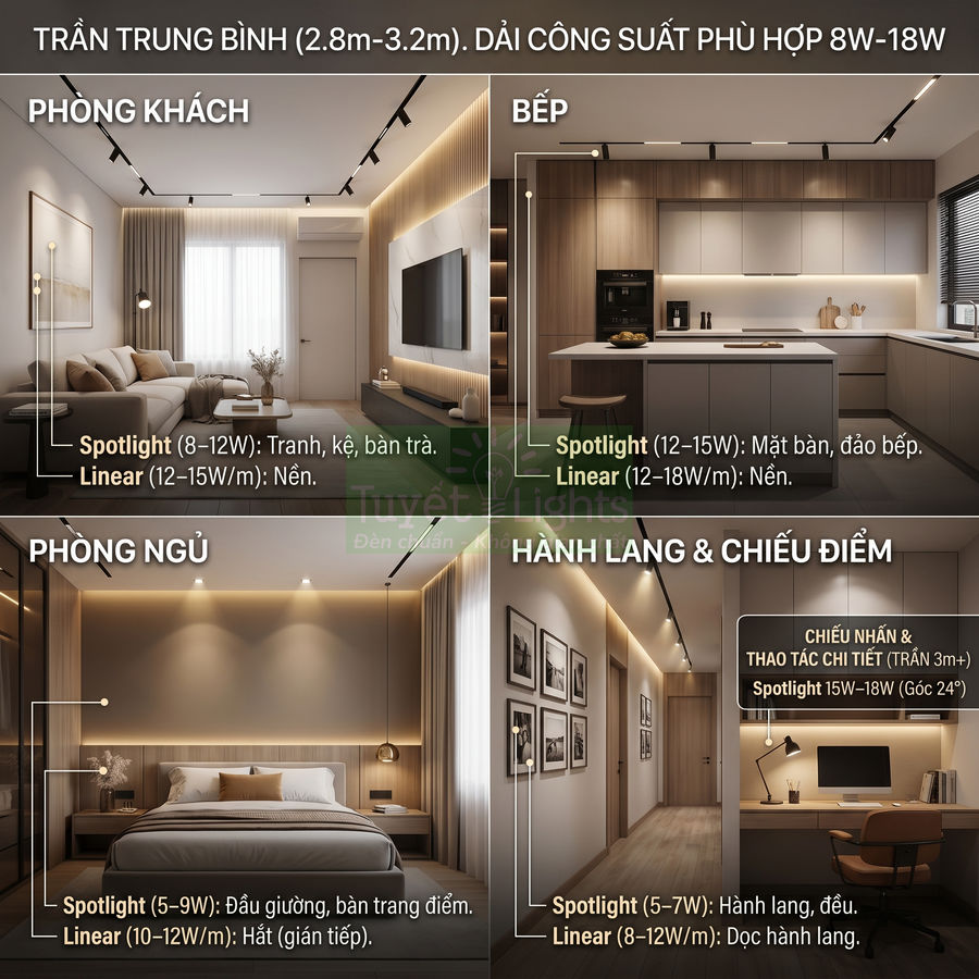 Thiết kế nội thất hiện đại với hệ thống đèn spotlight và đèn led linear cho phòng khách, bếp, phòng ngủ, hành lang