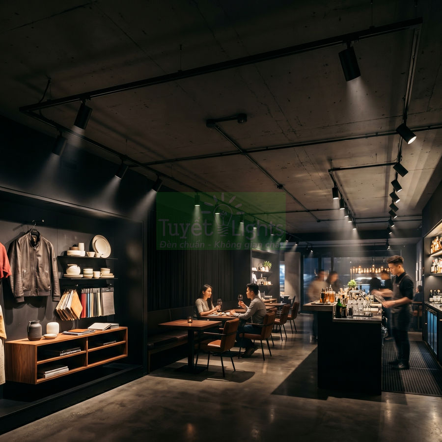 Đèn rọi ray Tuyết Lights chiếu sáng không gian quán cà phê hiện đại với quầy bar và bàn khách