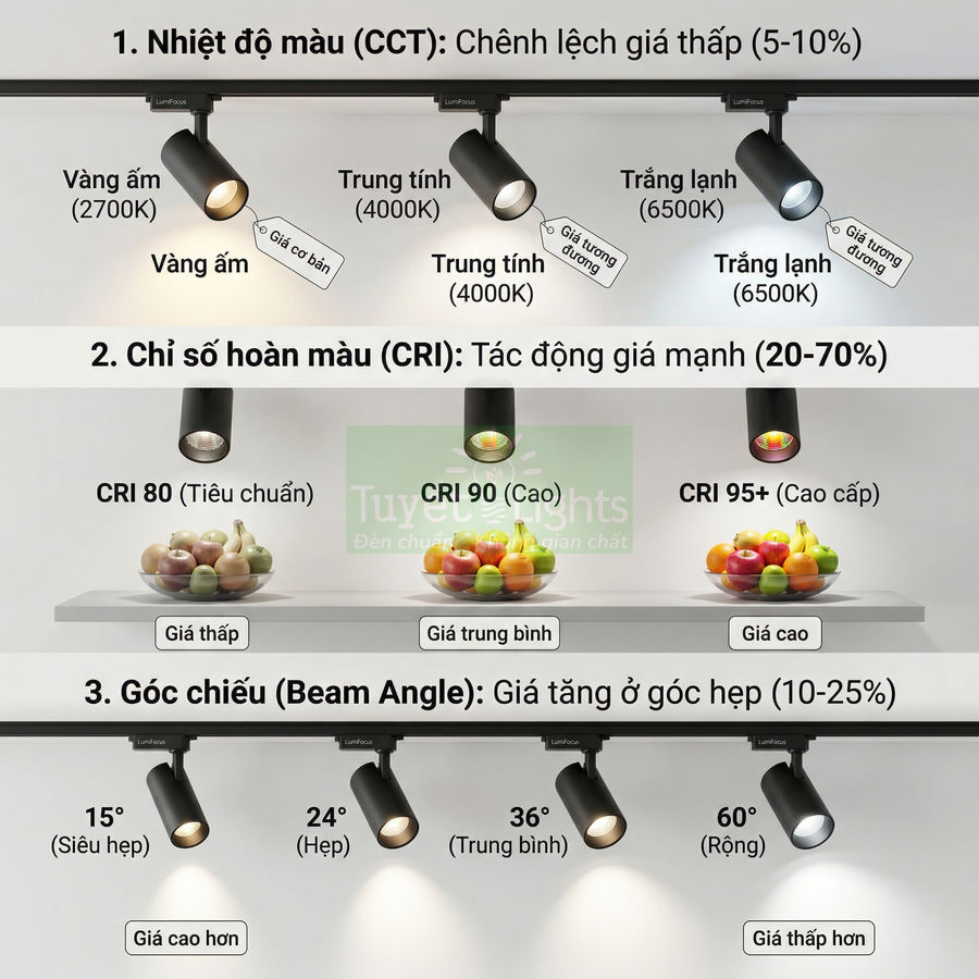 Đèn rọi ray Lumilook so sánh nhiệt độ màu, chỉ số CRI và góc chiếu chiếu sáng bàn trái cây