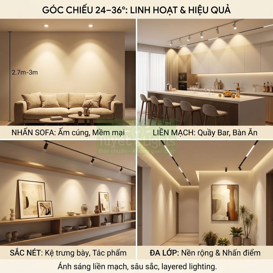 Đèn rọi ray LED chiếu sáng phòng khách, bếp, hành lang và kệ trang trí tạo không gian ấm cúng hiện đại