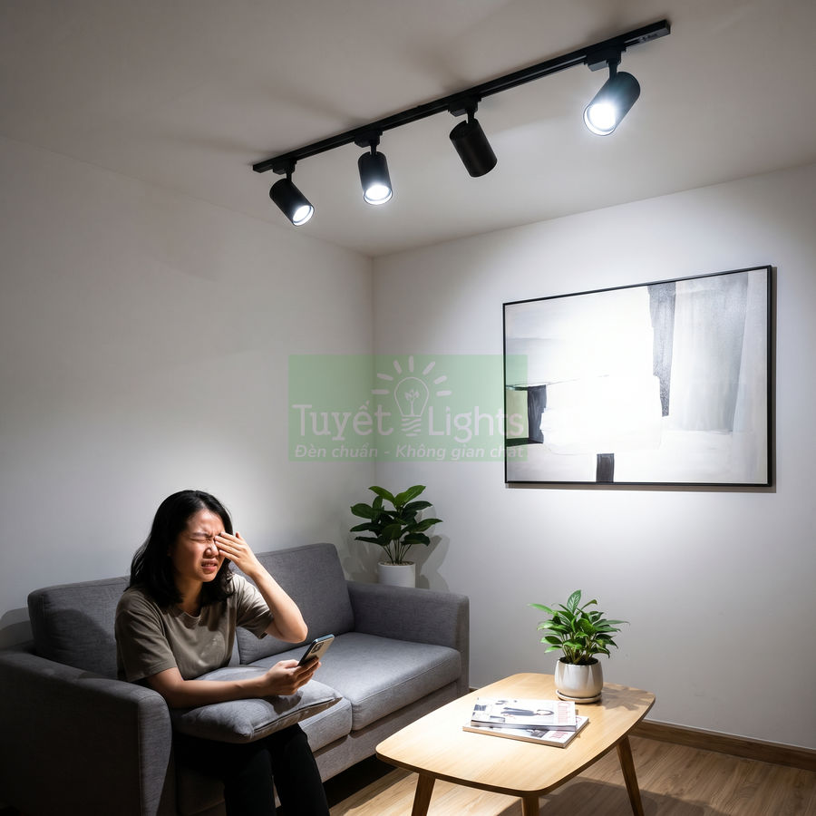 Đèn rọi ray LED Tuyết Lights chiếu sáng phòng khách gây chói mắt cho người dùng ngồi trên sofa