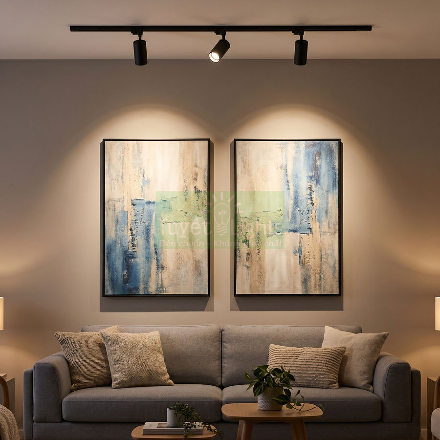 Đèn rọi ray trần chiếu sáng tranh treo tường trong phòng khách hiện đại với sofa xám