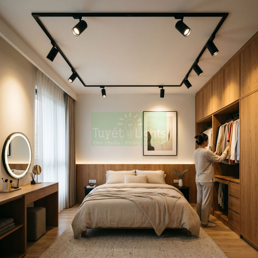 Đèn rọi ray Tuyết Lights chiếu sáng phòng ngủ hiện đại với tủ quần áo gỗ và giường đôi ấm cúng