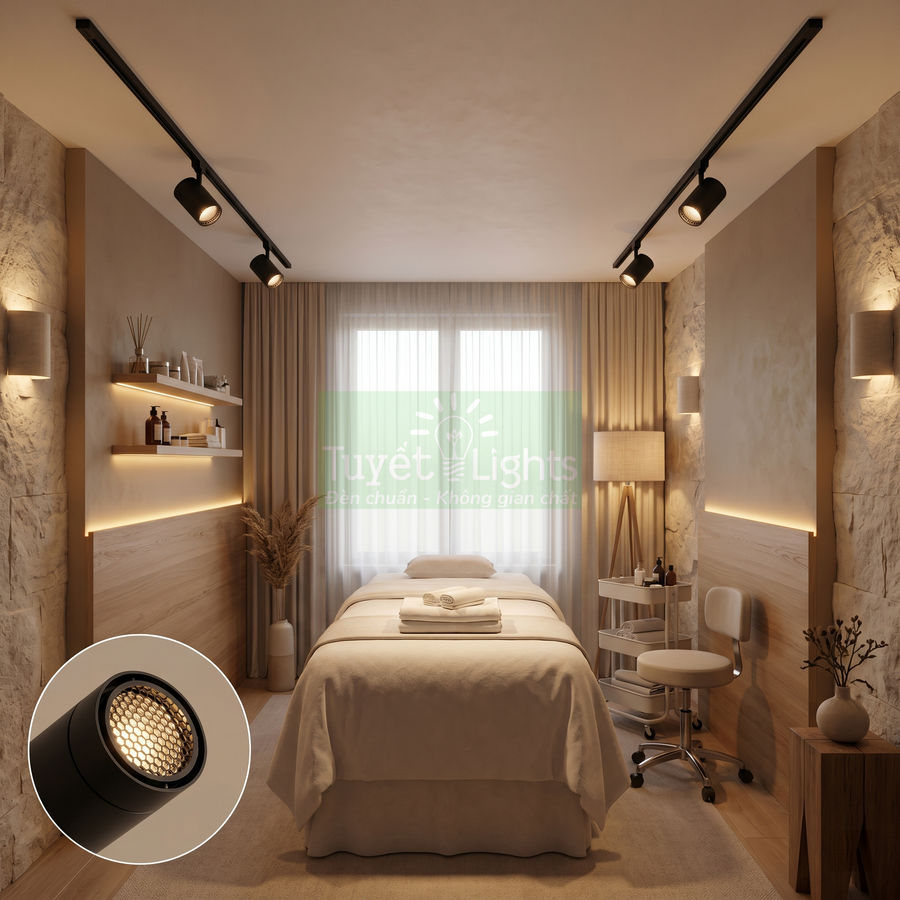 Đèn rọi ray Tuyết Lights chiếu sáng phòng spa với giường massage và nội thất gỗ ấm cúng