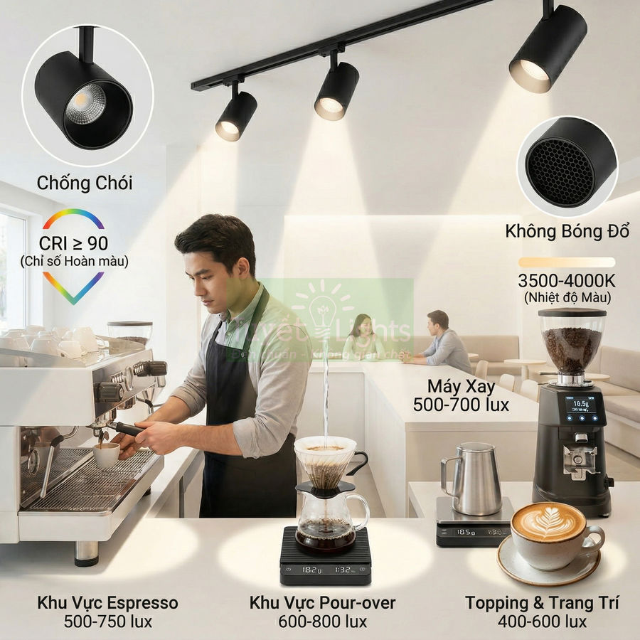 Đèn rọi ray LED chống chói chiếu sáng quầy pha chế cà phê espresso và pour over trong quán hiện đại