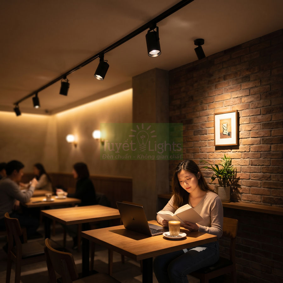 Đèn rọi ray Tuyết Lights chiếu sáng bàn cà phê, cô gái đọc sách bên laptop trong không gian ấm cúng