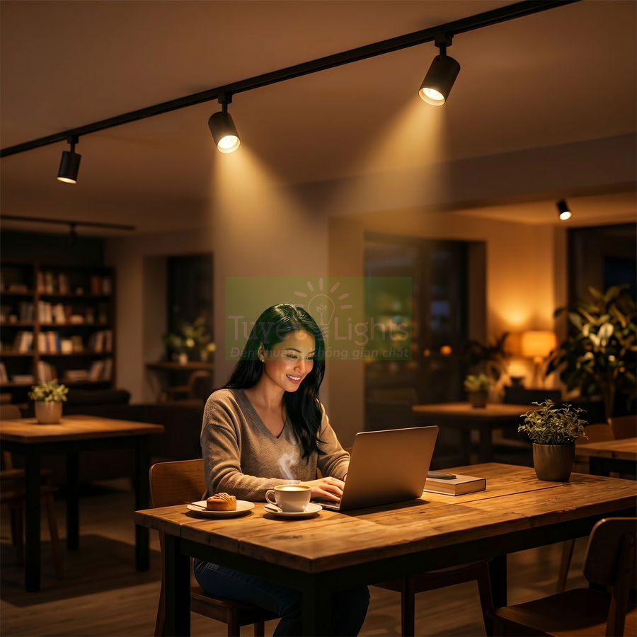 Đèn rọi ray LED chiếu sáng bàn làm việc trong quán cà phê ấm cúng